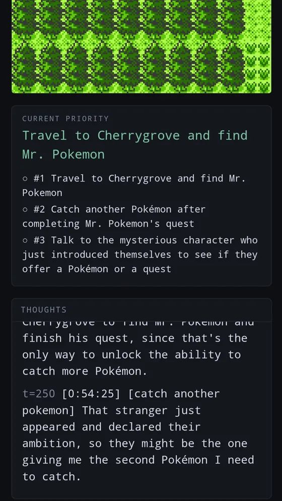 The watch page's current priority list, with a thought hoping the stranger who just appeared will give it a second Pokémon.