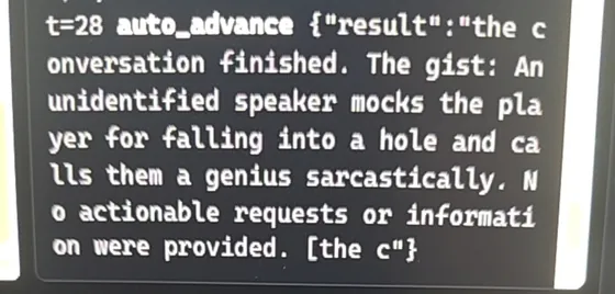A log line summarizing a conversation: an unidentified speaker mocks the player for falling into a hole and sarcastically calls them a genius.
